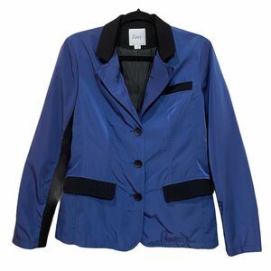 Womens Button Front Blazer Jacket Sz Small Blue Black Zowy Stretch Pocket Shiny